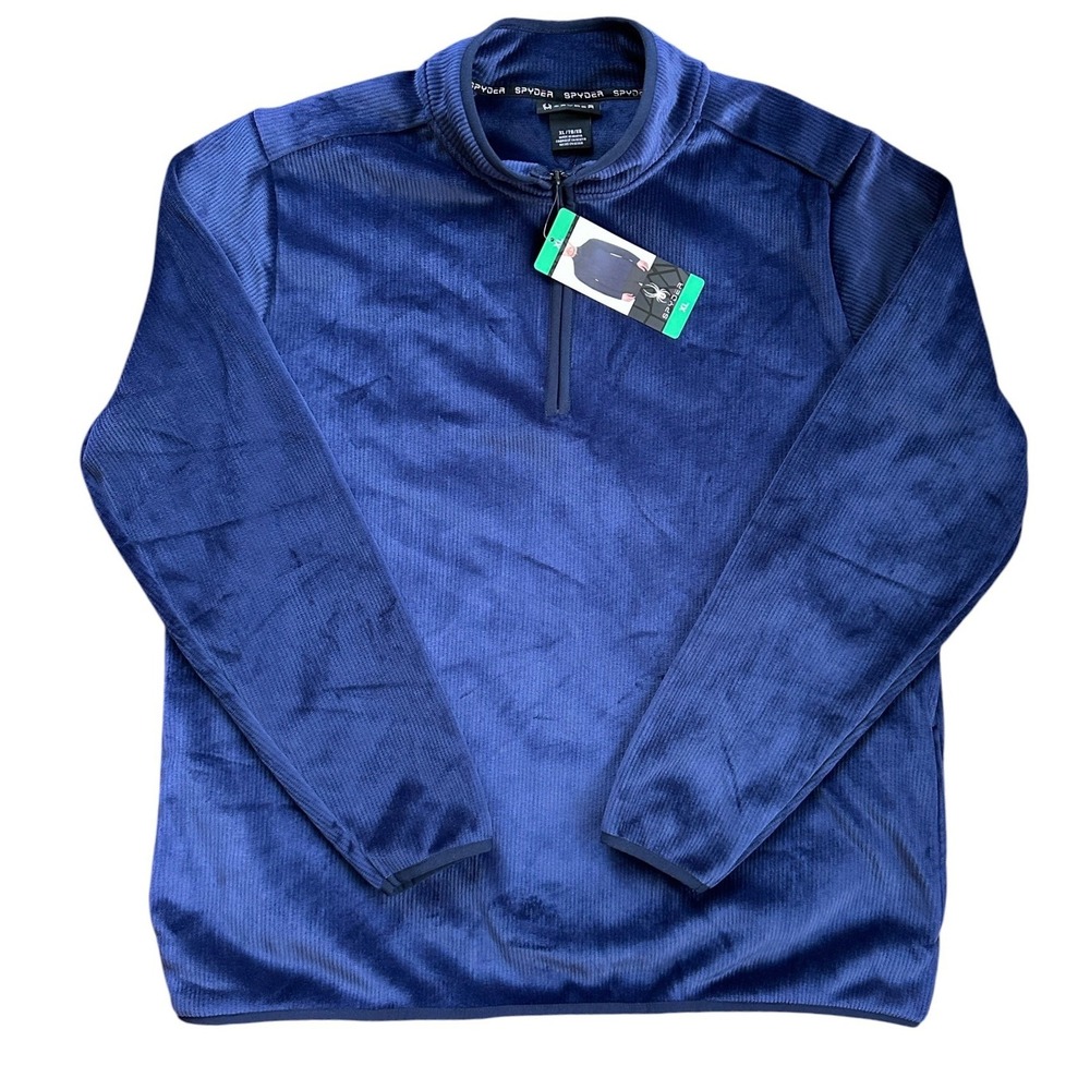 Spyder Quarter Zip Pullover Mens XL Blue New Ribbed Fleece Velour Mock Neck